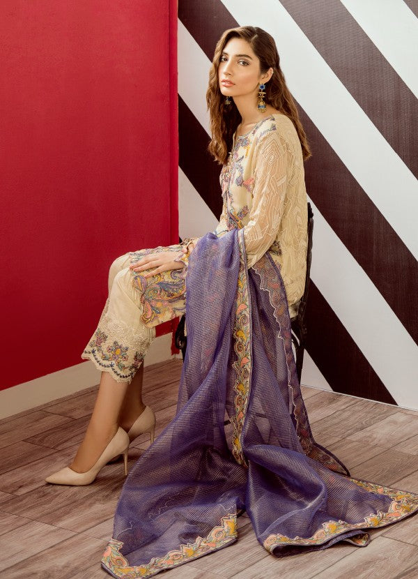 Pakistani designer chiffon embroidered dress in reed yellow color # P2326