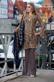 Pakistani designer chiffon embroidered outfit in indigo color # P2316