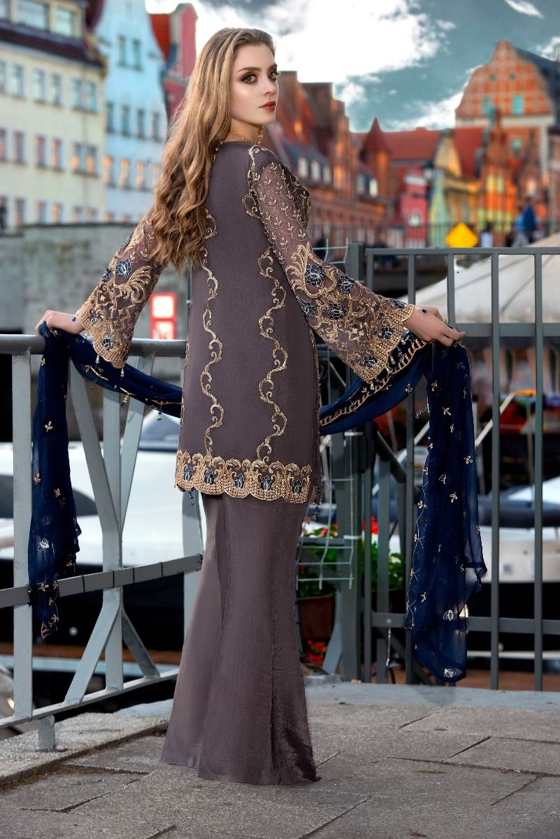 Pakistani designer chiffon embroidered outfit in indigo color # P2316