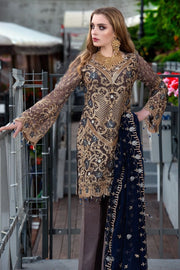 Pakistani designer chiffon embroidered outfit in indigo color # P2316