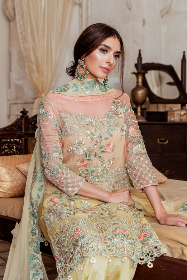 Pakistani chiffon embroidered party dress in lavish yellow color # P2446