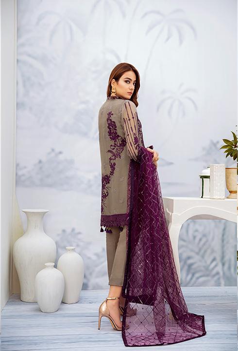 Latest embroidered Pakistani chiffon outfit in grey and plum color # P2510
