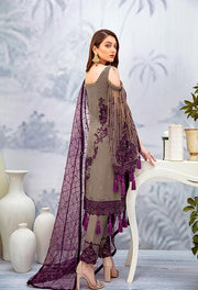 Latest embroidered Pakistani chiffon outfit in grey and plum color # P2510