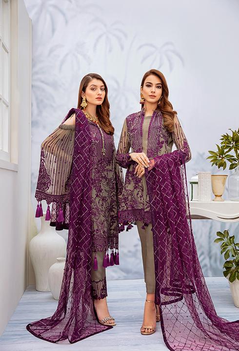 Latest embroidered Pakistani chiffon outfit in grey and plum color # P2510
