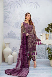 Latest embroidered Pakistani chiffon outfit in grey and plum color