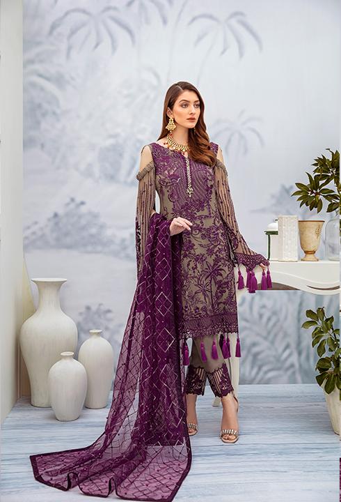 Latest embroidered Pakistani chiffon outfit in grey and plum color