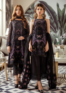 Latest Pakistani embroidered chiffon outfit in deep black color 