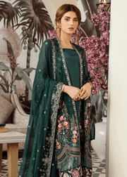 Latest thread embroidered chiffon outfit in dark green color # P2420