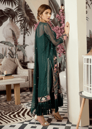 Latest thread embroidered chiffon outfit in dark green color # P2420