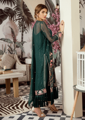 Latest thread embroidered chiffon outfit in dark green color # P2420