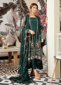 Latest thread embroidered chiffon outfit in dark green color 
