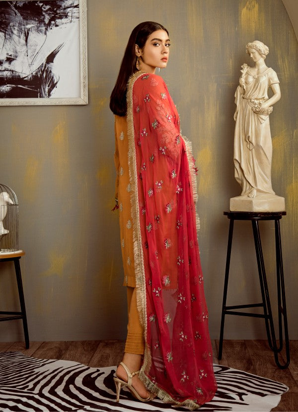 Chiffon thread embroidered dress in saffron yellow color – Nameera by ...
