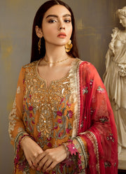Pakistani chiffon thread embroidered dress in saffron yellow color # P2323