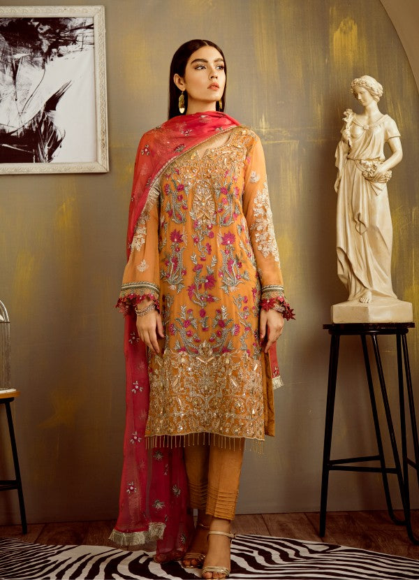 Pakistani chiffon thread embroidered dress in saffron yellow color 