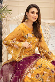 Latest embroidered Pakistani chiffon eid dress online in mustard color # E2216