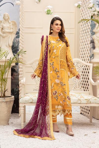 Latest embroidered Pakistani chiffon eid dress online in mustard color