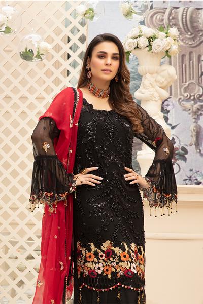 Latest embroidered Pakistani chiffon eid outfit in elegant black color # E2214