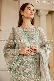 Embrioded chiffon light green party wear