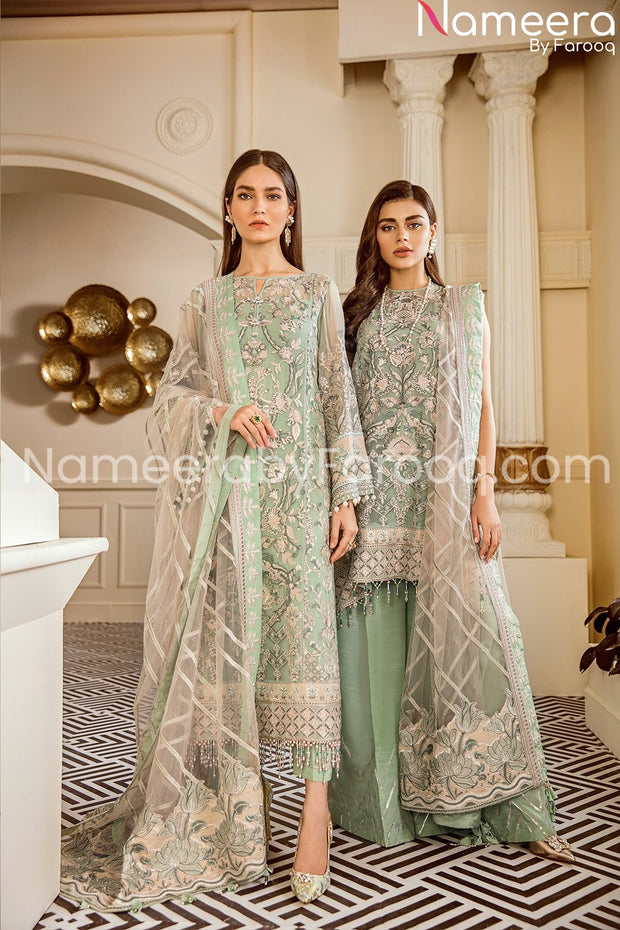 Embrioded chiffon light green suit