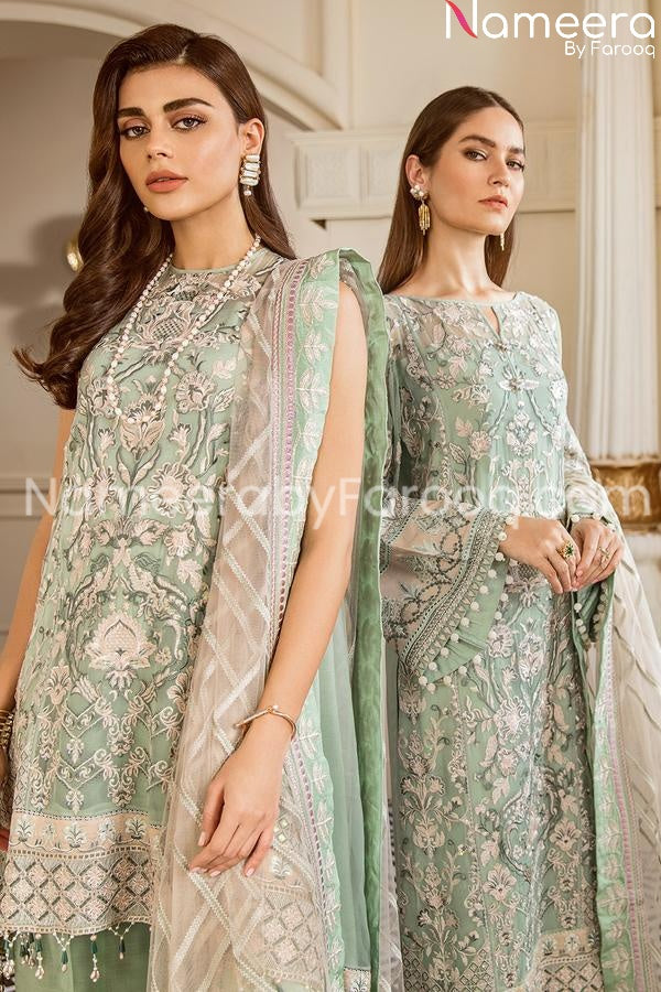 Embrioded chiffon light green suit online