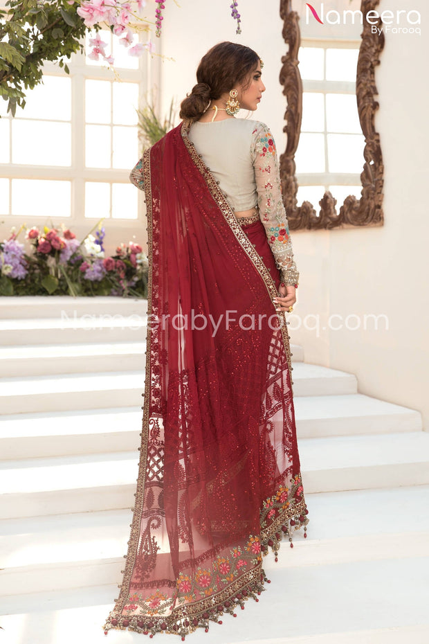Designer Chiffon Saree in Deep Red and Beige