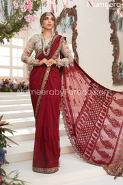 Designer Chiffon Saree in Deep Red and Beige 2021