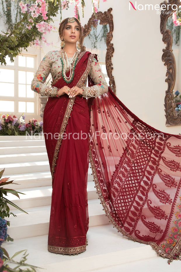Designer Chiffon Saree in Deep Red and Beige 2021
