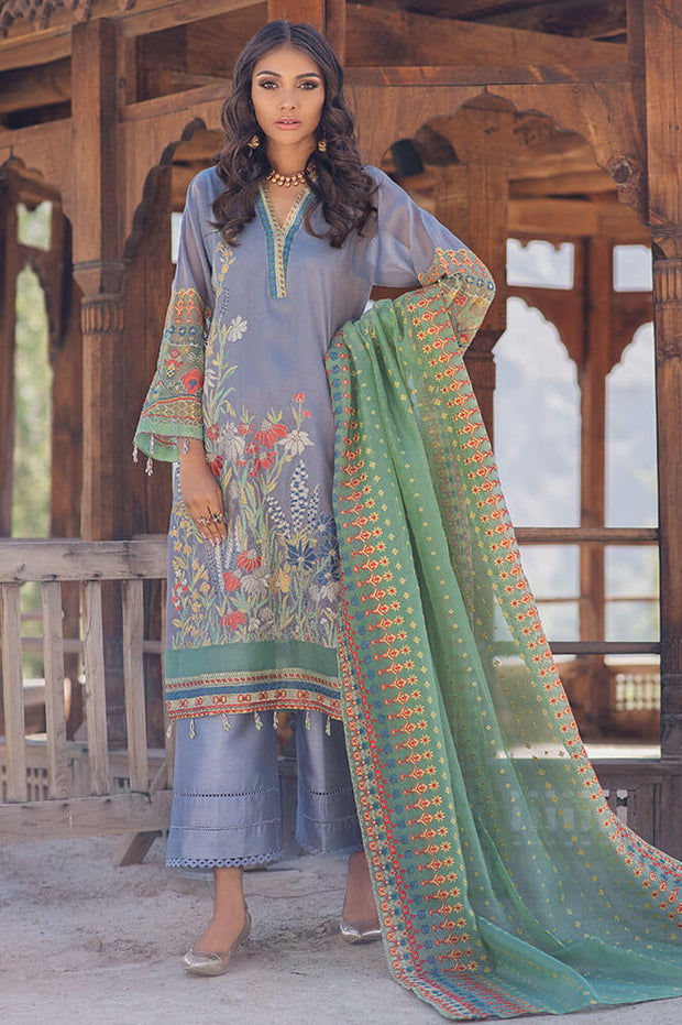 Pakistani designer cotton embroidered outfit in xenon blue color