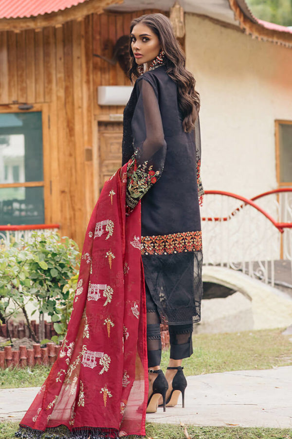 Beautiful Pakistani cotton net dress in black and red color # P2379