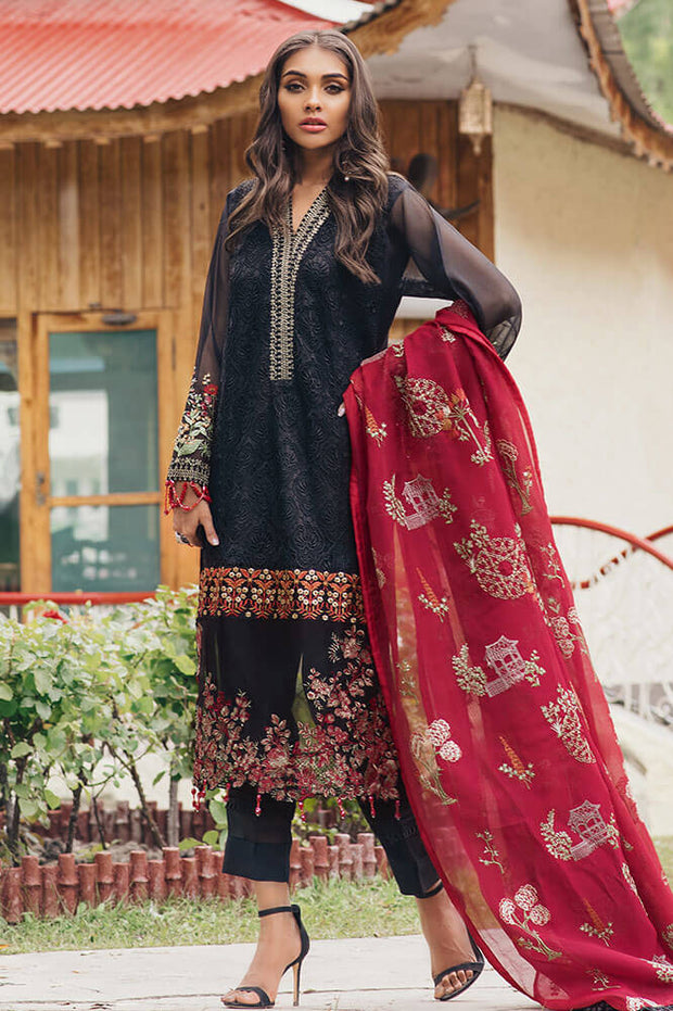 Beautiful Pakistani cotton net dress in black and red color # P2379