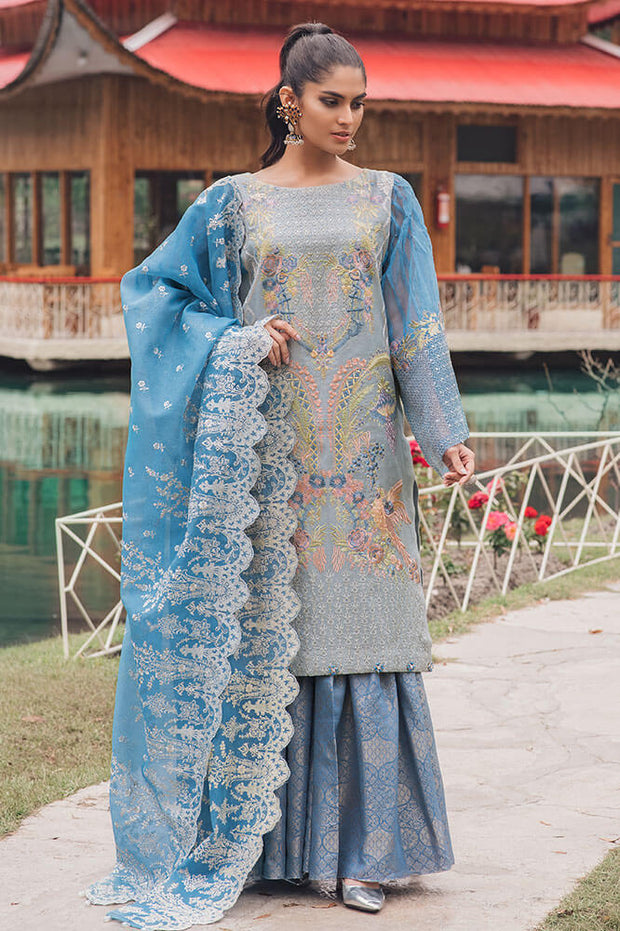 Beautiful Pakistani cotton and organza outfit in blue bell color # P2374