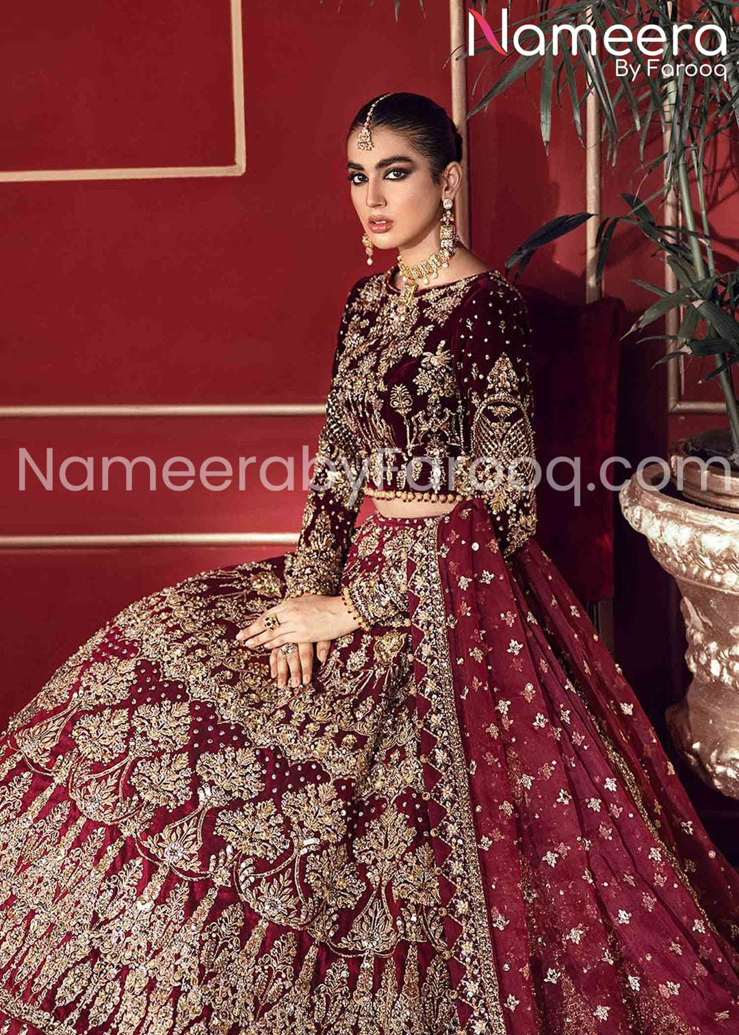 Premium Gold Embellished Pakistani Dark Maroon Bridal Lehenga