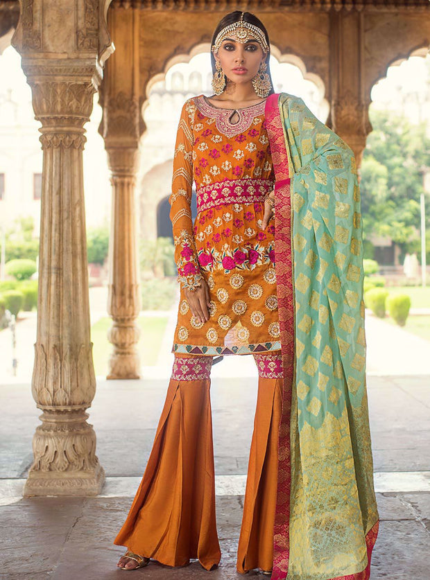 Pakistani designer embroidered chiffon outfit in orange color 