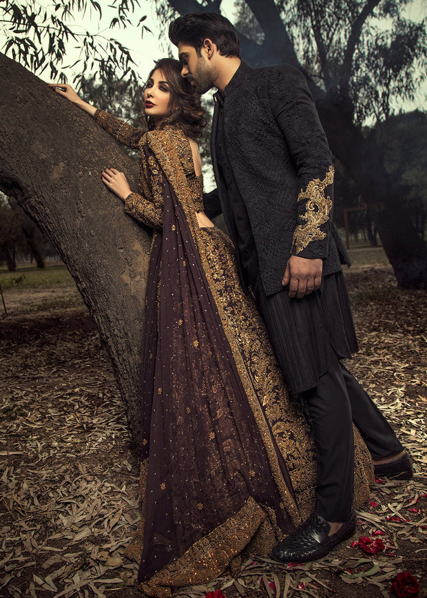 Beautiful asian designer bridal and groom dress in plum color # B3340