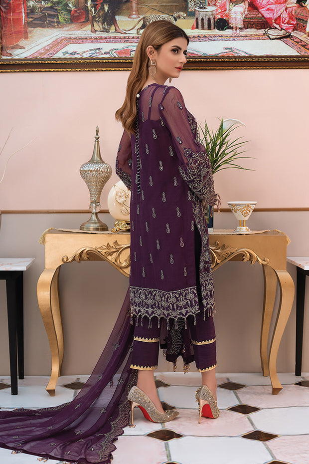 Pakistani designer embroidered chiffon outfit thread embroidered in purple color # P2339