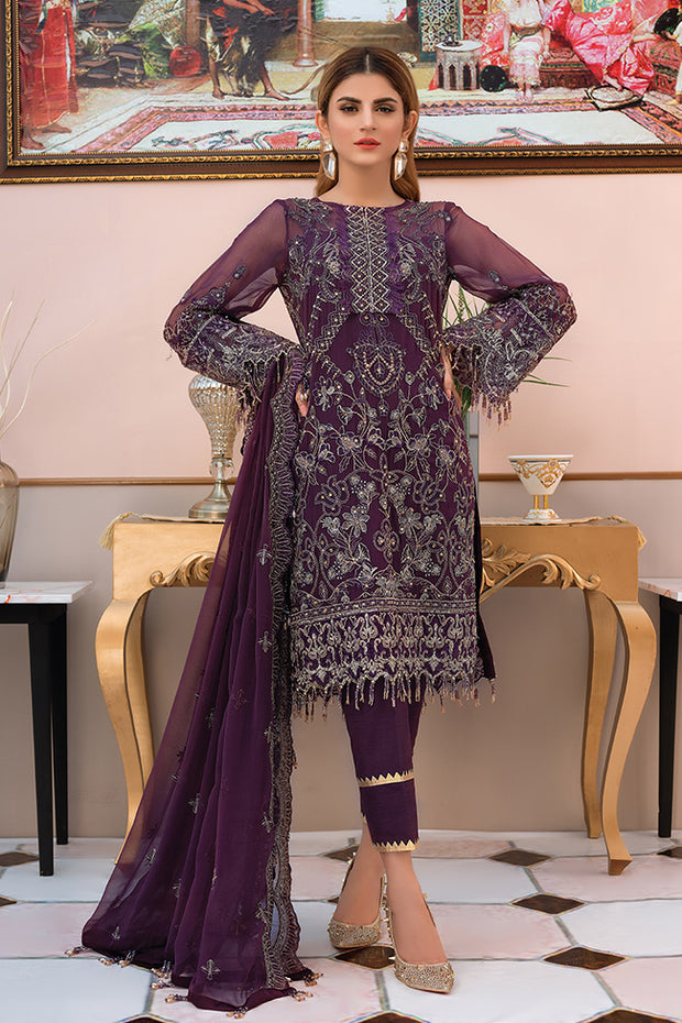 Pakistani designer chiffon outfit thread embroidered in purple color