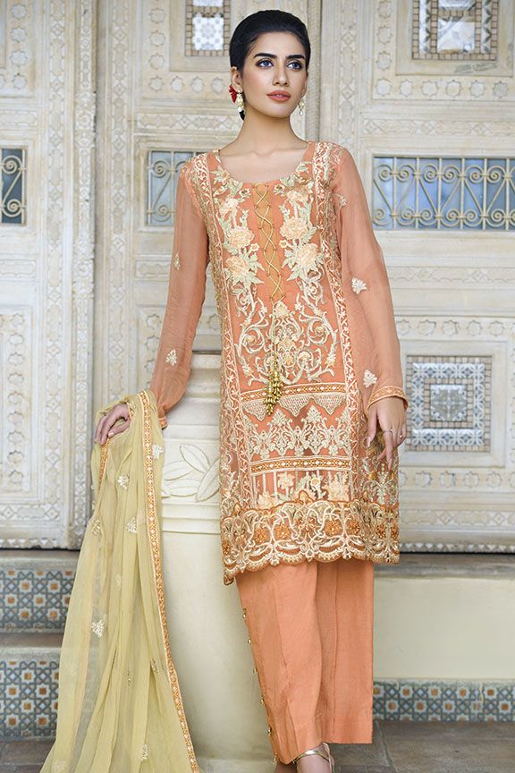 Beautiful designer crinkle chiffon dress in pale rust color # P2290