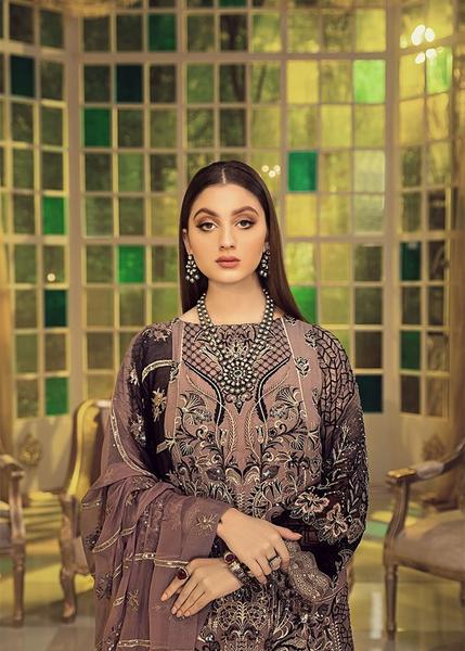 Chiffon embroidered designer dress for eid in periwinkle color # P2485