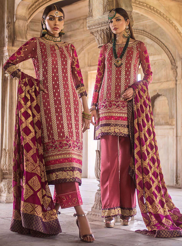 Pakistani designer embroidered chiffon dress in pink color # P2341