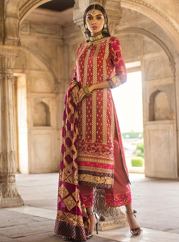 Pakistani designer embroidered chiffon dress in pink color