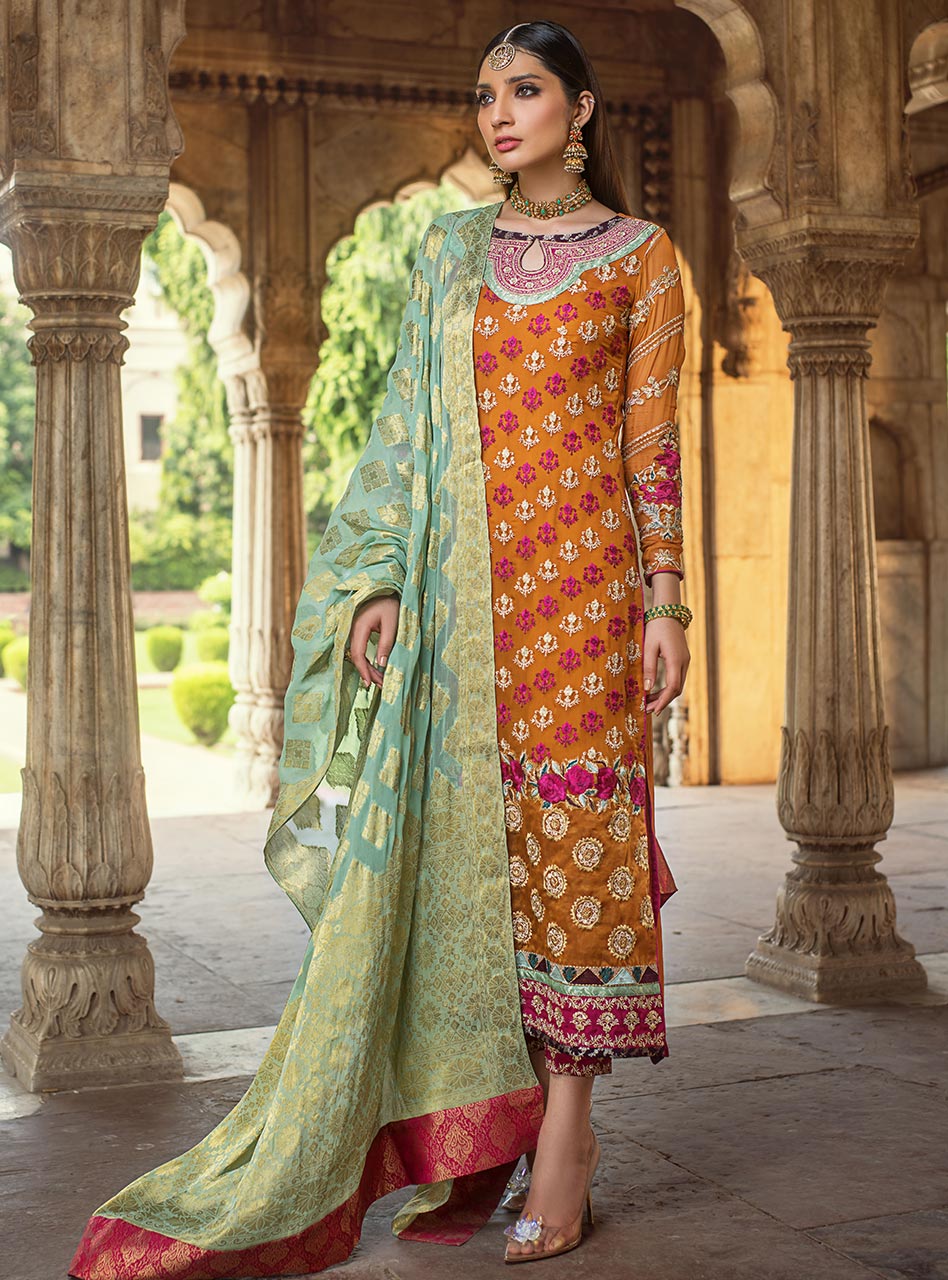 Pakistani designer embroidered chiffon outfit in orange color # P2343