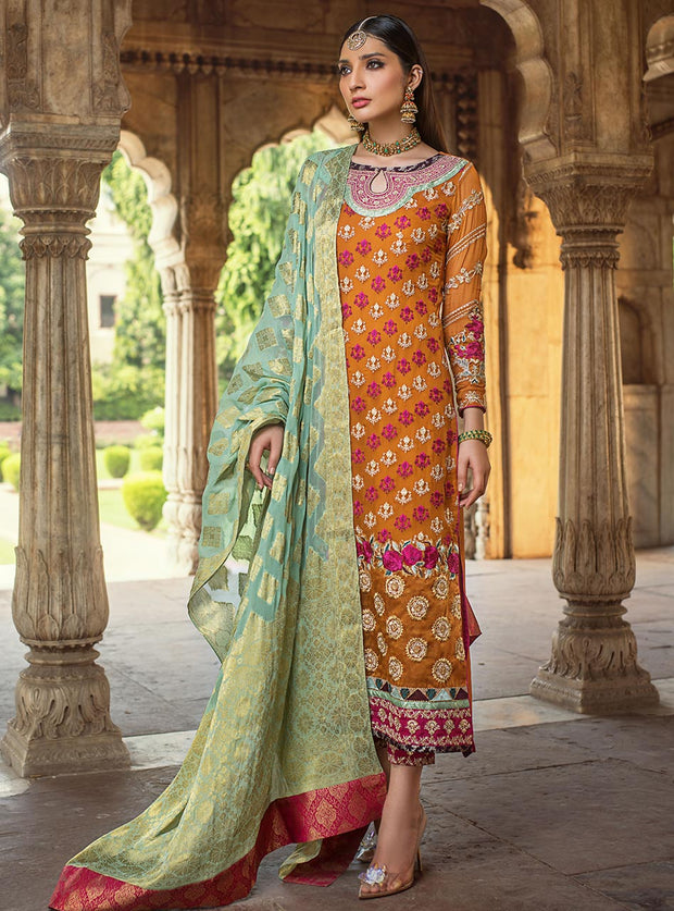 Pakistani designer embroidered chiffon outfit in orange color # P2343