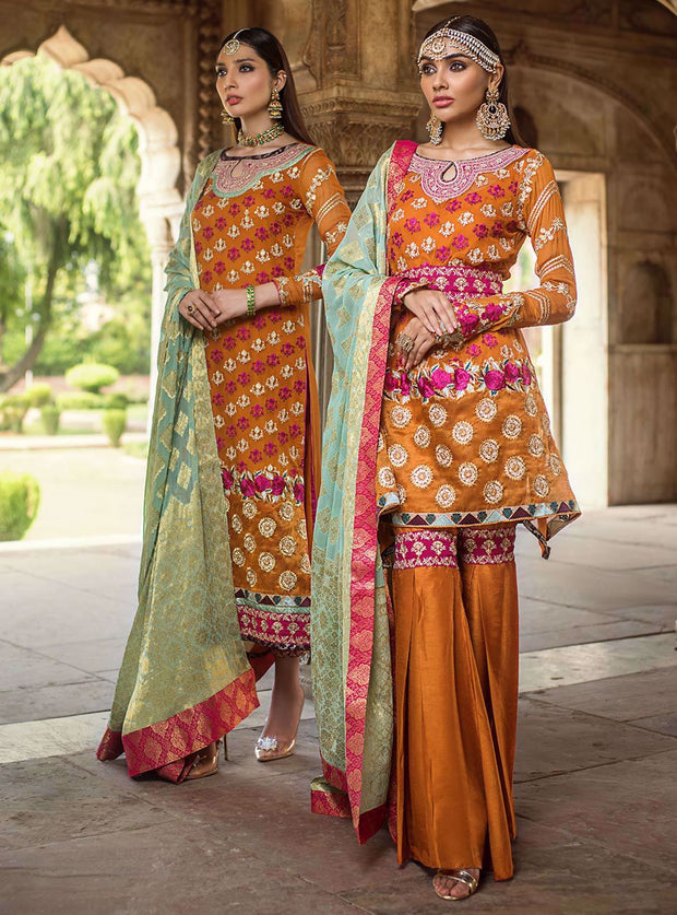 Pakistani designer embroidered chiffon outfit in orange color # P2343