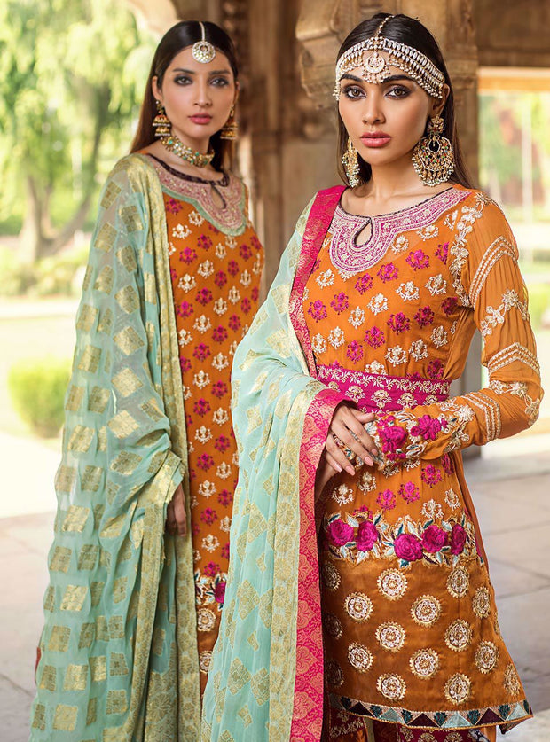 Pakistani designer embroidered chiffon outfit in orange color # P2343