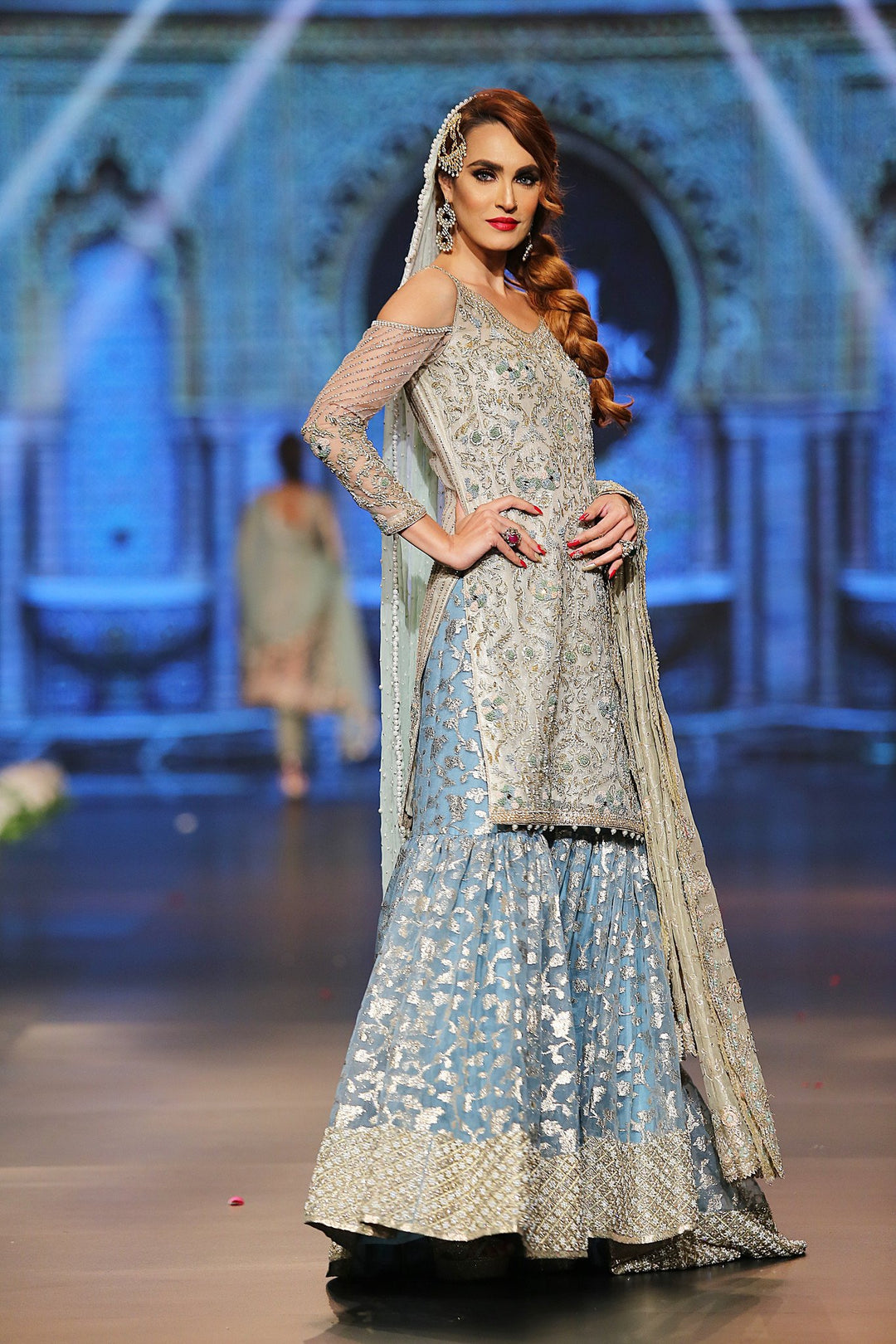 Designer embroidered gharara dress in blue and white color # B3351