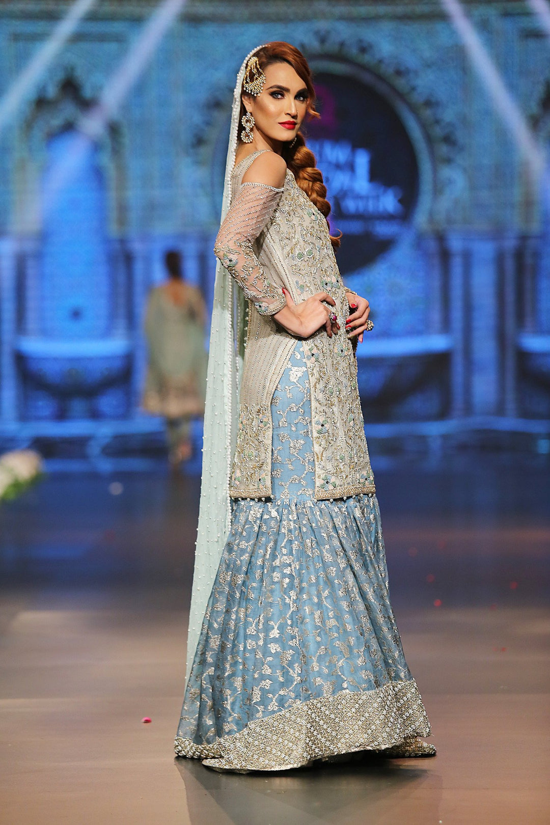 Designer embroidered gharara dress in blue and white color # B3351