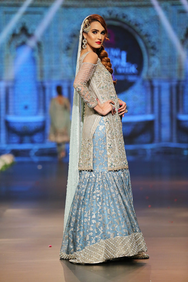 Designer embroidered gharara dress in blue and white color # B3351