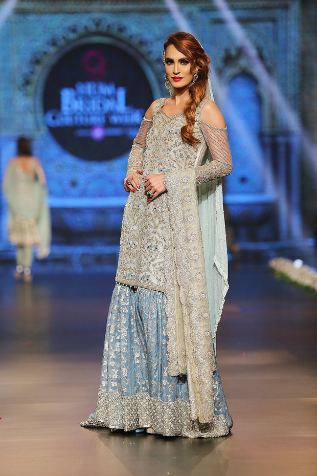 Designer embroidered gharara dress in blue and white color