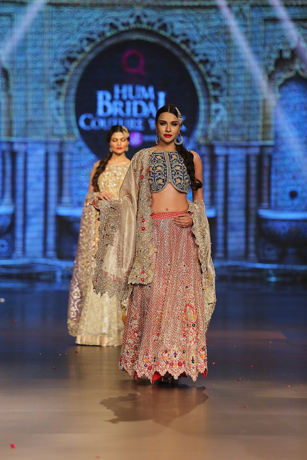 Designer embroidered lehnga dress in blue, gold and red color # B3354