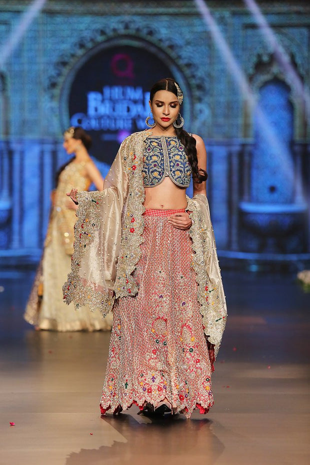 Designer embroidered lehnga dress in blue, gold and red color # B3354